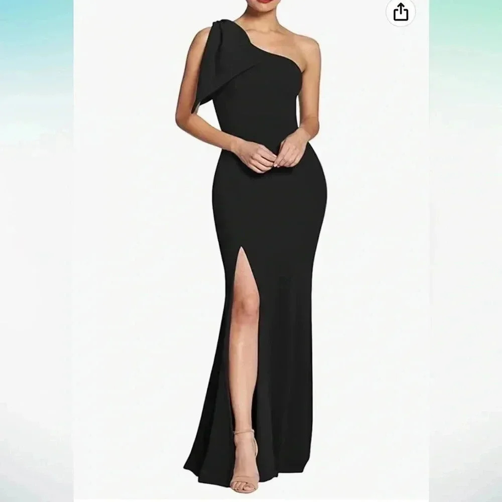 (12) NWOT Sexy Elegant Sleeveless Bow One Shoulder High Split - Picture 2 of 3